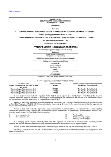 Miniature Hycroft Mining 10-Q Rapport trimestriel  
