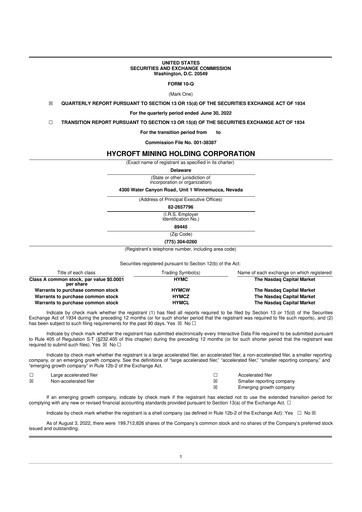 Miniature Hycroft Mining 10-Q Rapport trimestriel  
