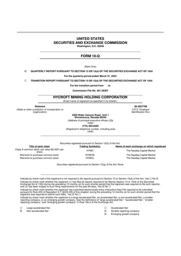 Miniature Hycroft Mining 10-Q Rapport trimestriel  
