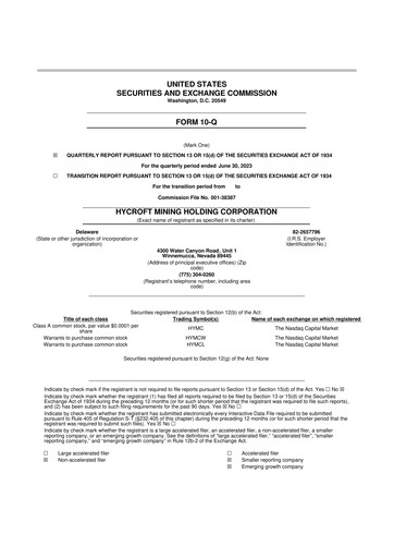 Miniature Hycroft Mining 10-Q Rapport trimestriel  