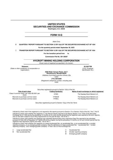 Miniature Hycroft Mining 10-Q Rapport trimestriel  