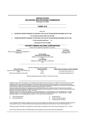 Miniature Hycroft Mining 10-Q Rapport trimestriel  