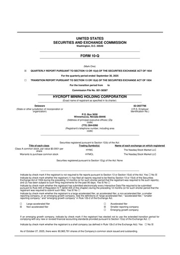 Miniature Hycroft Mining 10-Q Rapport trimestriel  