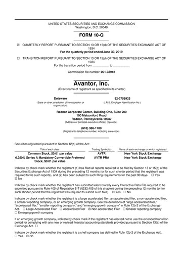 Miniature Avantor 10-Q Rapport trimestriel 2019 