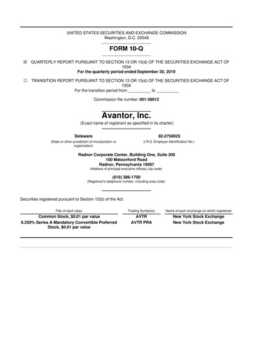 Miniature Avantor 10-Q Rapport trimestriel 2019 