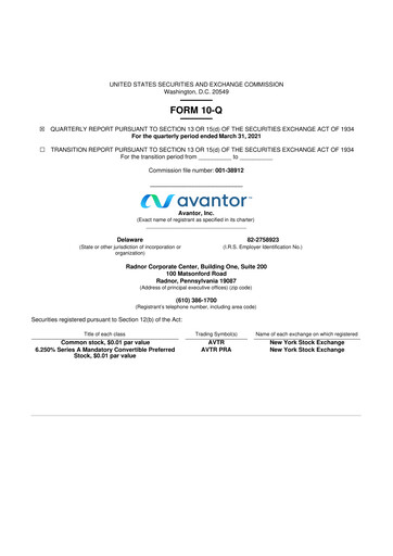 Miniature Avantor 10-Q Rapport trimestriel 2021 