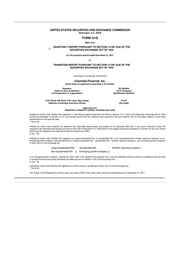 Thumbnail Columbia Financial 10-Q Quarterly Report FY2018 