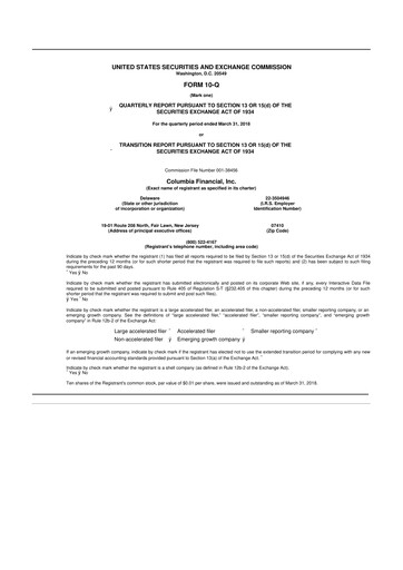 Thumbnail Columbia Financial 10-Q Quarterly Report FY2018 