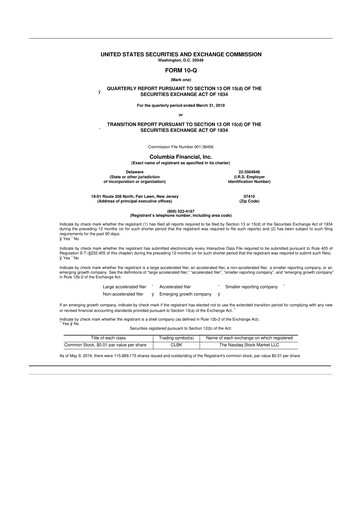 Thumbnail Columbia Financial 10-Q Quarterly Report FY2019 
