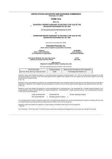 Thumbnail Columbia Financial 10-Q Quarterly Report FY2019 