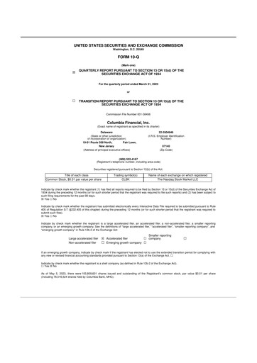 Thumbnail Columbia Financial 10-Q Quarterly Report FY2023 