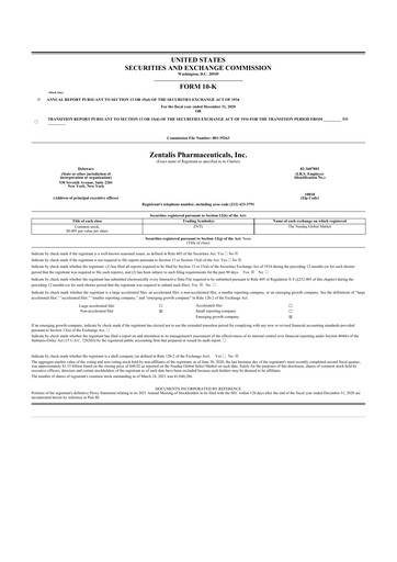 Thumbnail Zentalis Pharmaceuticals 10-K Annual Report 2020