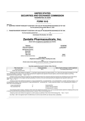 Thumbnail Zentalis Pharmaceuticals 10-Q Quarterly Report FY2021 