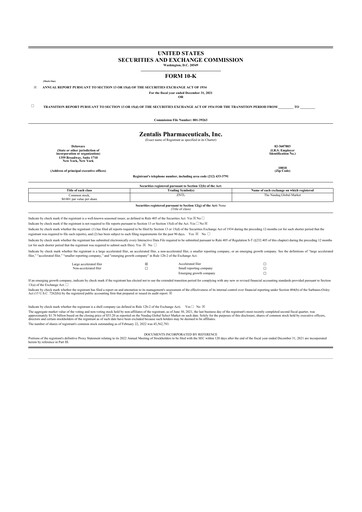 Thumbnail Zentalis Pharmaceuticals 10-K Annual Report 2021