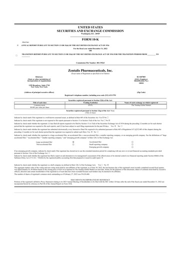 Thumbnail Zentalis Pharmaceuticals 10-K Annual Report 2022