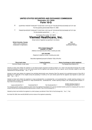 Thumbnail Viemed Healthcare 10-Q Quarterly Report FY 