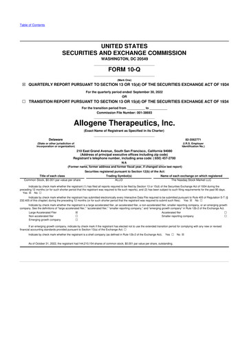 Vorschaubild Allogene Therapeutics
 10-Q Quartalsbericht 2022 