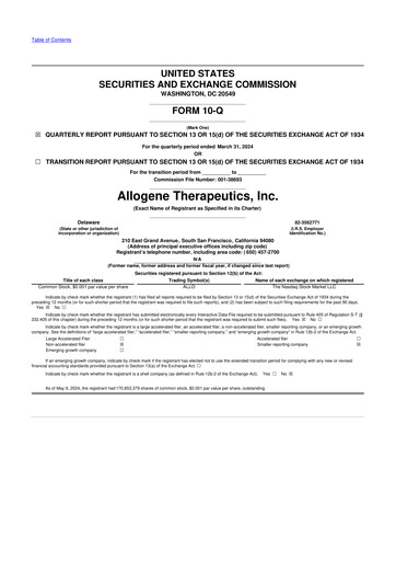 Vorschaubild Allogene Therapeutics
 10-Q Quartalsbericht 2024 