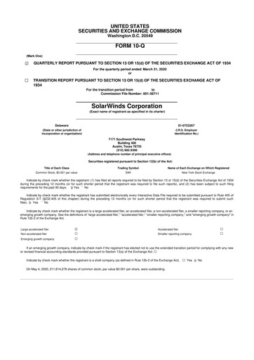 Thumbnail SolarWinds
 10-Q Quarterly Report FY2020 