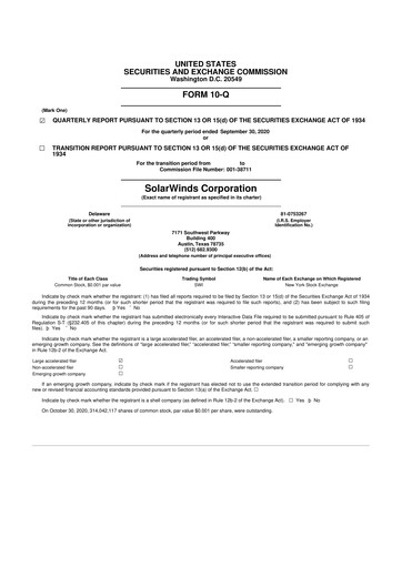 Thumbnail SolarWinds
 10-Q Quarterly Report FY2020 