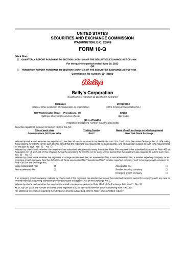 Thumbnail Bally's Corporation 10-Q Quarterly Report FY2022 