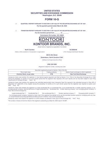 Thumbnail Kontoor Brands
 10-Q Quarterly Report FY2020 