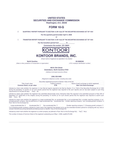 Thumbnail Kontoor Brands
 10-Q Quarterly Report FY 