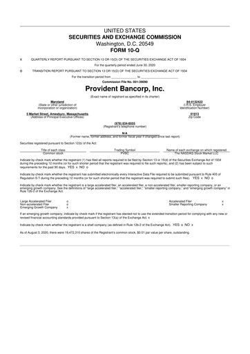 Thumbnail Provident Bancorp
 10-Q Quarterly Report FY2020 