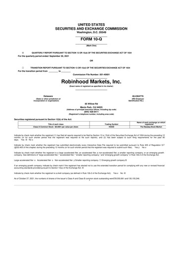 Vorschaubild Robinhood 10-Q Quartalsbericht 2021 