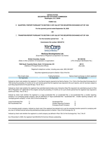 Thumbnail NioCorp Developments 10-Q Quarterly Report FY2021 