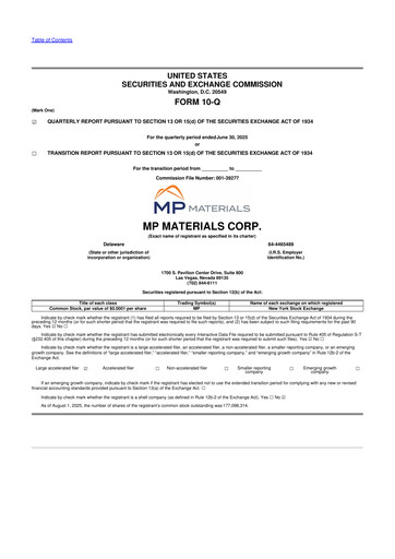 Thumbnail MP Materials 10-Q Quarterly Report FY2025 