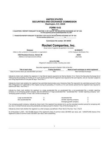 Thumbnail Rocket Companies
 10-Q Quarterly Report FY2021 