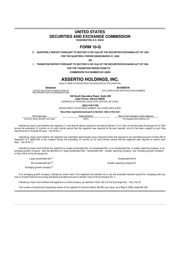 Miniature Assertio Holdings 10-Q Rapport trimestriel  