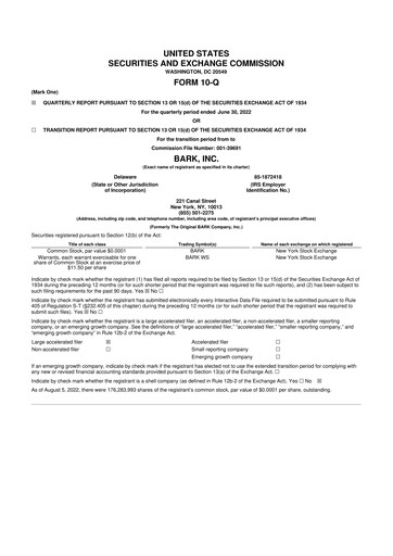 Thumbnail Bark, Inc. 10-Q Quarterly Report FY2022 