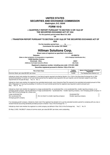 Miniature Hillman Solutions 10-Q Rapport trimestriel 2022 