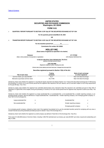 Thumbnail Holley 10-Q Quarterly Report FY 