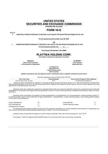 Thumbnail Playtika 10-Q Quarterly Report FY2022 