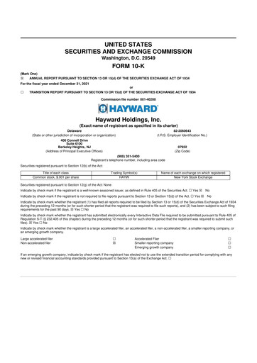 Miniature Hayward Holdings, Inc. 10-K Rapport annuel 2021