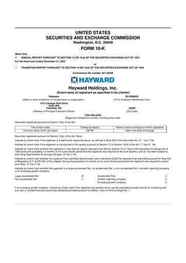 Miniature Hayward Holdings, Inc. 10-K Rapport annuel 2023