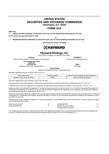 Miniature Hayward Holdings, Inc. 10-K Rapport annuel 2024