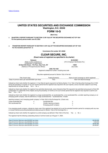 Miniature CLEAR Secure 10-Q Rapport trimestriel 2022 