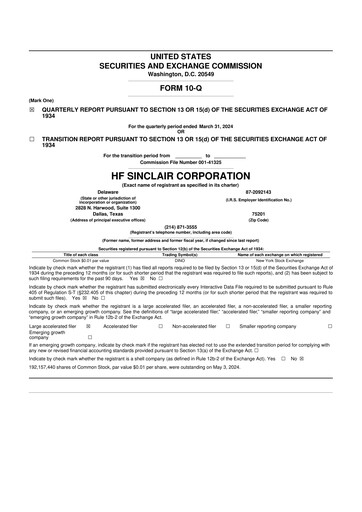 Miniature HF Sinclair 10-Q Rapport trimestriel 2024 