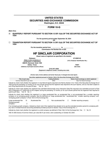 Miniature HF Sinclair 10-Q Rapport trimestriel 2024 