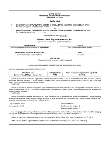 Thumbnail Western New England Bancorp 10-Q Quarterly Report FY2025 