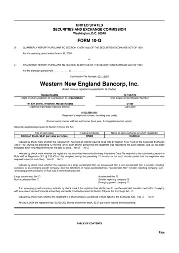 Miniature Western New England Bancorp 10-Q Rapport trimestriel  