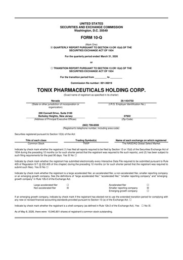 Thumbnail Tonix Pharmaceuticals 10-Q Quarterly Report FY 