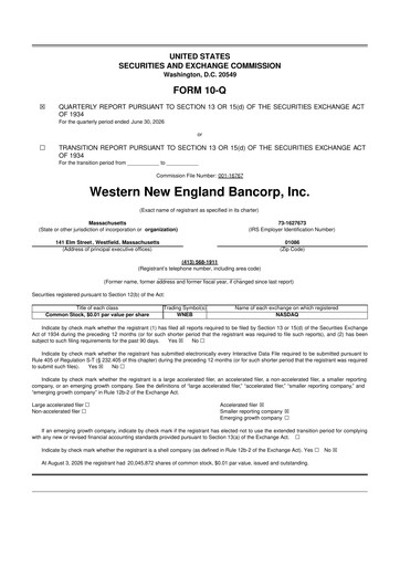 Thumbnail Western New England Bancorp 10-Q Quarterly Report FY2026 