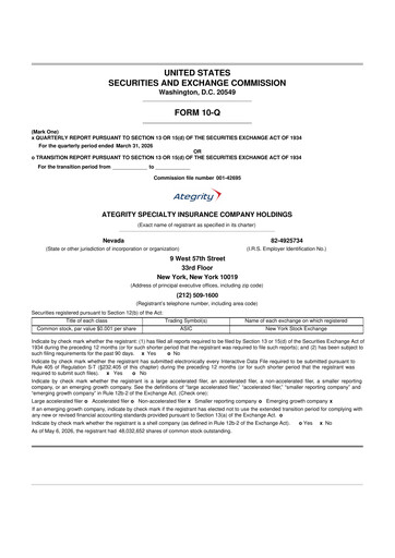 Thumbnail Ategrity Specialty Insurance Company 10-Q Quarterly Report FY 