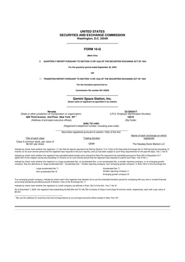 Thumbnail Gemini Space Station 10-Q Quarterly Report FY2025 