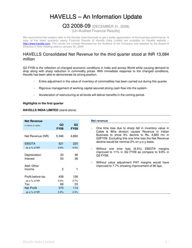 Thumbnail Havells India Quarterly Report 2008-q3